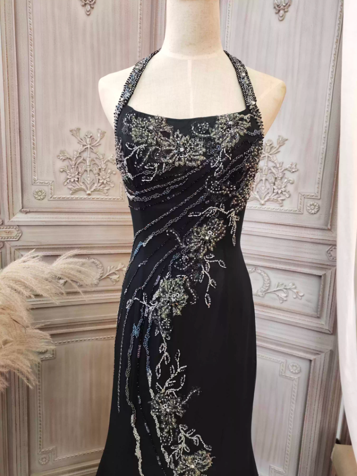 Vintage Black Mermaid Halter Neck Beaded Chiffon Long Prom Dresses Evening Dresses Secondary image