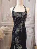 Vintage Black Mermaid Halter Neck Beaded Chiffon Long Prom Dresses Evening Dresses