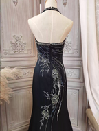 Vintage Black Mermaid Halter Neck Beaded Chiffon Long Prom Dresses Evening Dresses