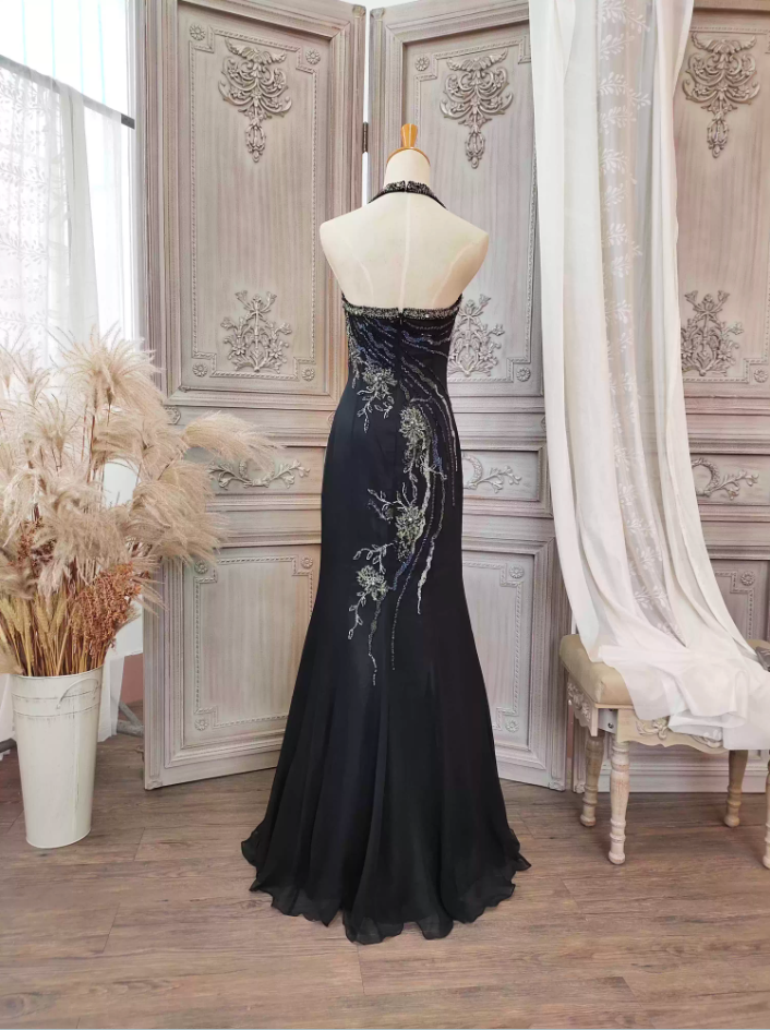 Vintage Black Mermaid Halter Neck Beaded Chiffon Long Prom Dresses Evening Dresses