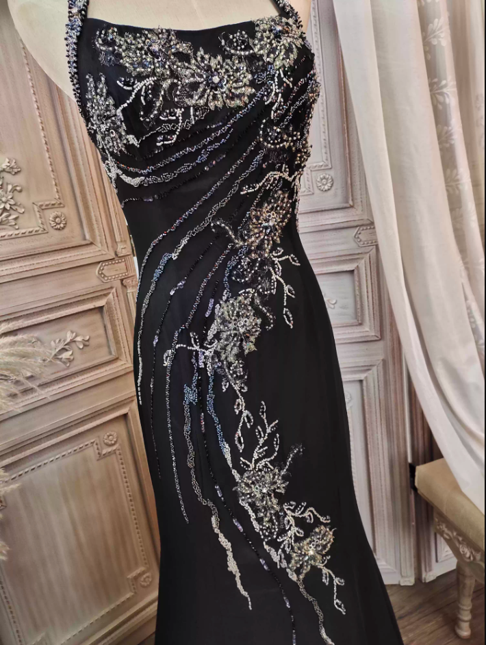 Vintage Black Mermaid Halter Neck Beaded Chiffon Long Prom Dresses Evening Dresses