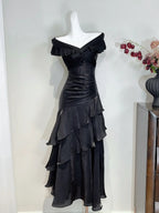 Vintage Black Mermaid One Shoulder Ruffle Satin Prom Dresses Evening Dresses