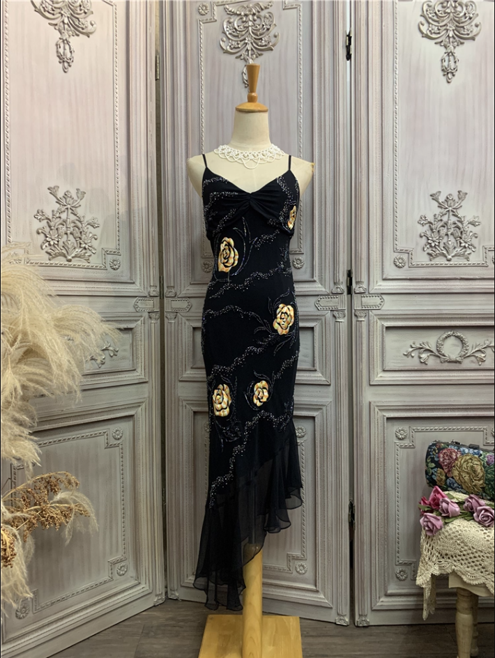 Vintage Black Mermaid Spaghetti Strap Gold Rose Beaded Embroidery Chiffon Long Prom Dresses Evening Dresses