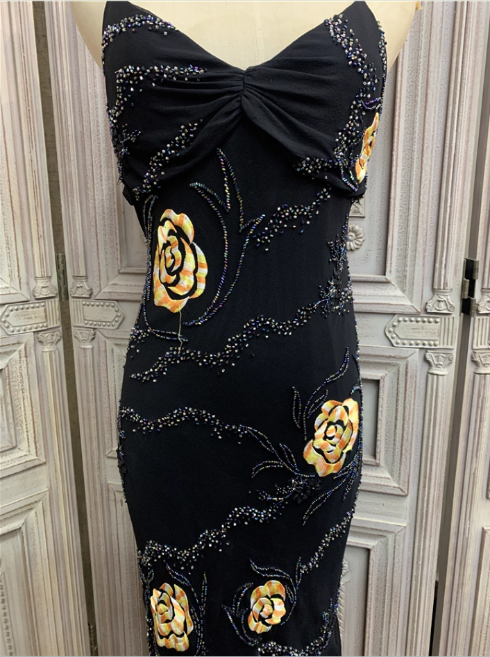 Vintage Black Mermaid Spaghetti Strap Gold Rose Beaded Embroidery Chiffon Long Prom Dresses Evening Dresses