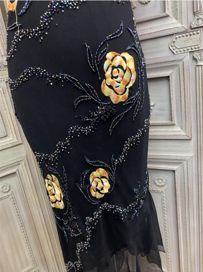 Vintage Black Mermaid Spaghetti Strap Gold Rose Beaded Embroidery Chiffon Long Prom Dresses Evening Dresses