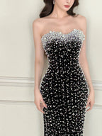 Vintage Black Mermaid Strapless Pearl Velvet Long Prom Dresses Evening Dresses
