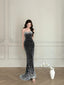 Vintage Black Mermaid Strapless Pearl Velvet Long Prom Dresses Evening Dresses