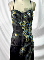Vintage Black Peacock Feather Embroidered Slim-Fit Satin Long Prom Dresses Evening Dresses