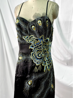 Vintage Black Peacock Feather Embroidered Slim-Fit Satin Long Prom Dresses Evening Dresses