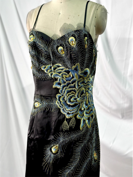 Vintage Black Peacock Feather Embroidered Slim-Fit Satin Long Prom Dresses Evening Dresses