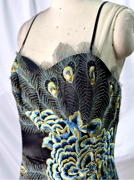 Vintage Black Peacock Feather Embroidered Slim-Fit Satin Long Prom Dresses Evening Dresses
