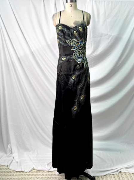 Vintage Black Peacock Feather Embroidered Slim-Fit Satin Long Prom Dresses Evening Dresses