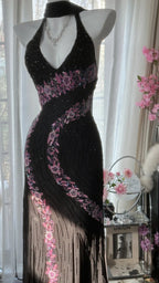 Vintage Black Pink Diamond Halter Neck Chiffon Mermaid Evening Gown Prom Dresses