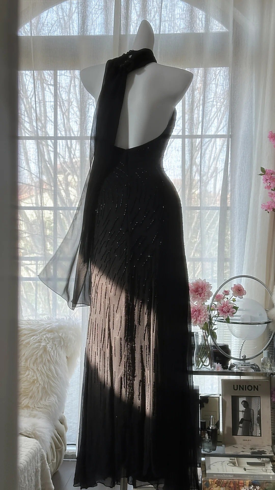 Vintage Black Pink Diamond Halter Neck Chiffon Mermaid Evening Gown Prom Dresses