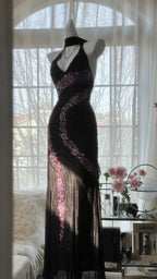 Vintage Black Pink Diamond Halter Neck Chiffon Mermaid Evening Gown Prom Dresses