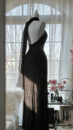 Vintage Black Pink Diamond Halter Neck Chiffon Mermaid Evening Gown Prom Dresses