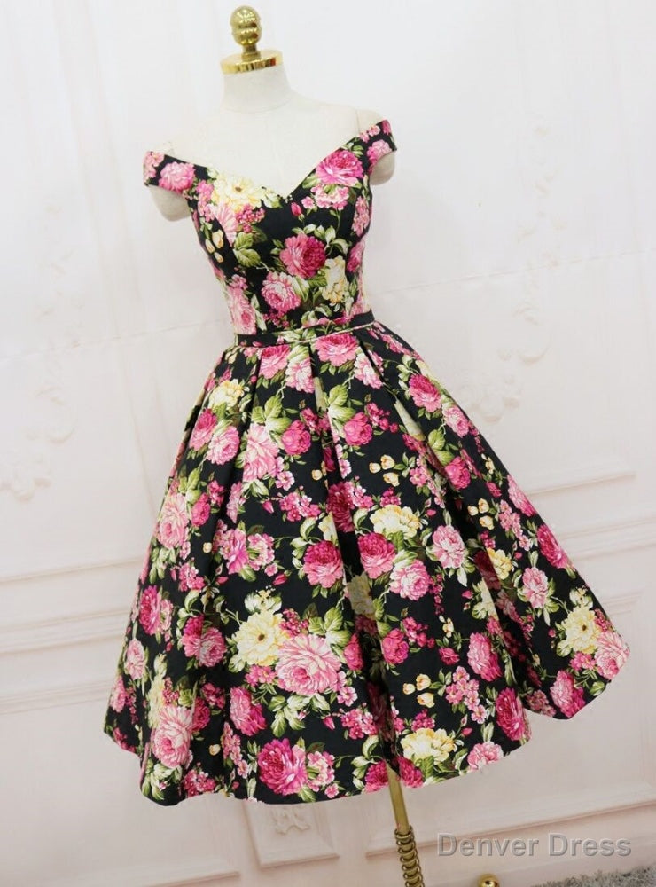 Vintage Black Satin Print Off the Shoulder Homecoming Dresses Main image