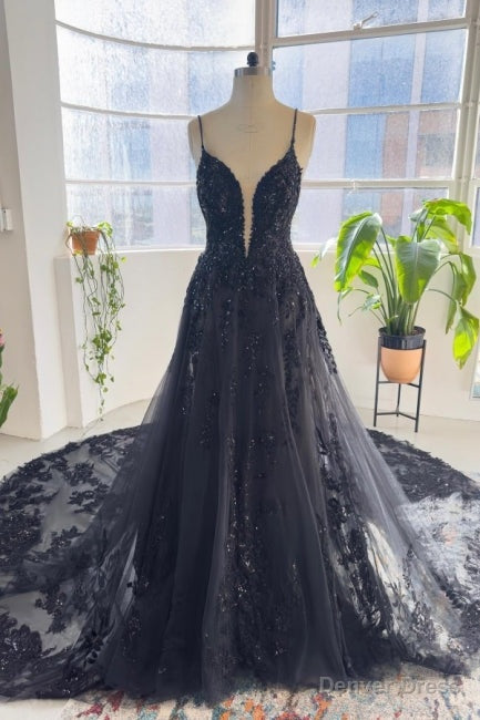 Vintage Black Spaghetti-Straps Sleeveless Long Lace Sequined Wedding Dresses Online Main image