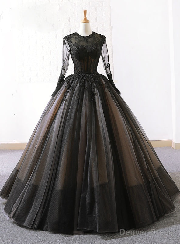 Vintage Black Tulle Lace Long Sleeve Floor Length Wedding Dresses Main image
