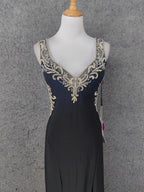 Vintage Black V-Neck Beaded Chiffon Long Prom Dresses Evening Dresses