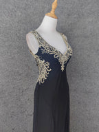 Vintage Black V-Neck Beaded Chiffon Long Prom Dresses Evening Dresses
