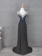 Vintage Black V-Neck Beaded Chiffon Long Prom Dresses Evening Dresses