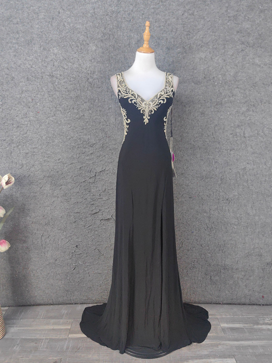 Vintage Black V-Neck Beaded Chiffon Long Prom Dresses Evening Dresses