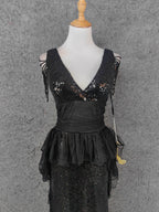 Vintage Black V-Neck Tassel Sequin Tulle Long Prom Dresses Evening Dresses