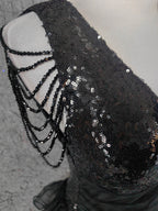 Vintage Black V-Neck Tassel Sequin Tulle Long Prom Dresses Evening Dresses
