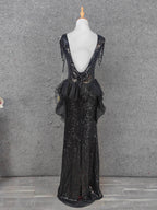 Vintage Black V-Neck Tassel Sequin Tulle Long Prom Dresses Evening Dresses
