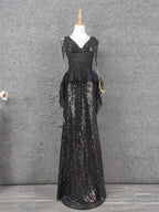 Vintage Black V-Neck Tassel Sequin Tulle Long Prom Dresses Evening Dresses
