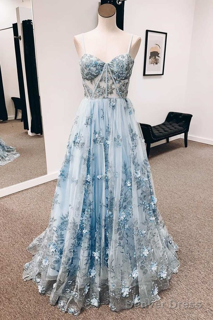 Vintage Blue 3D Floral Lace Sweetheart A-Line Long Prom Dress Main image