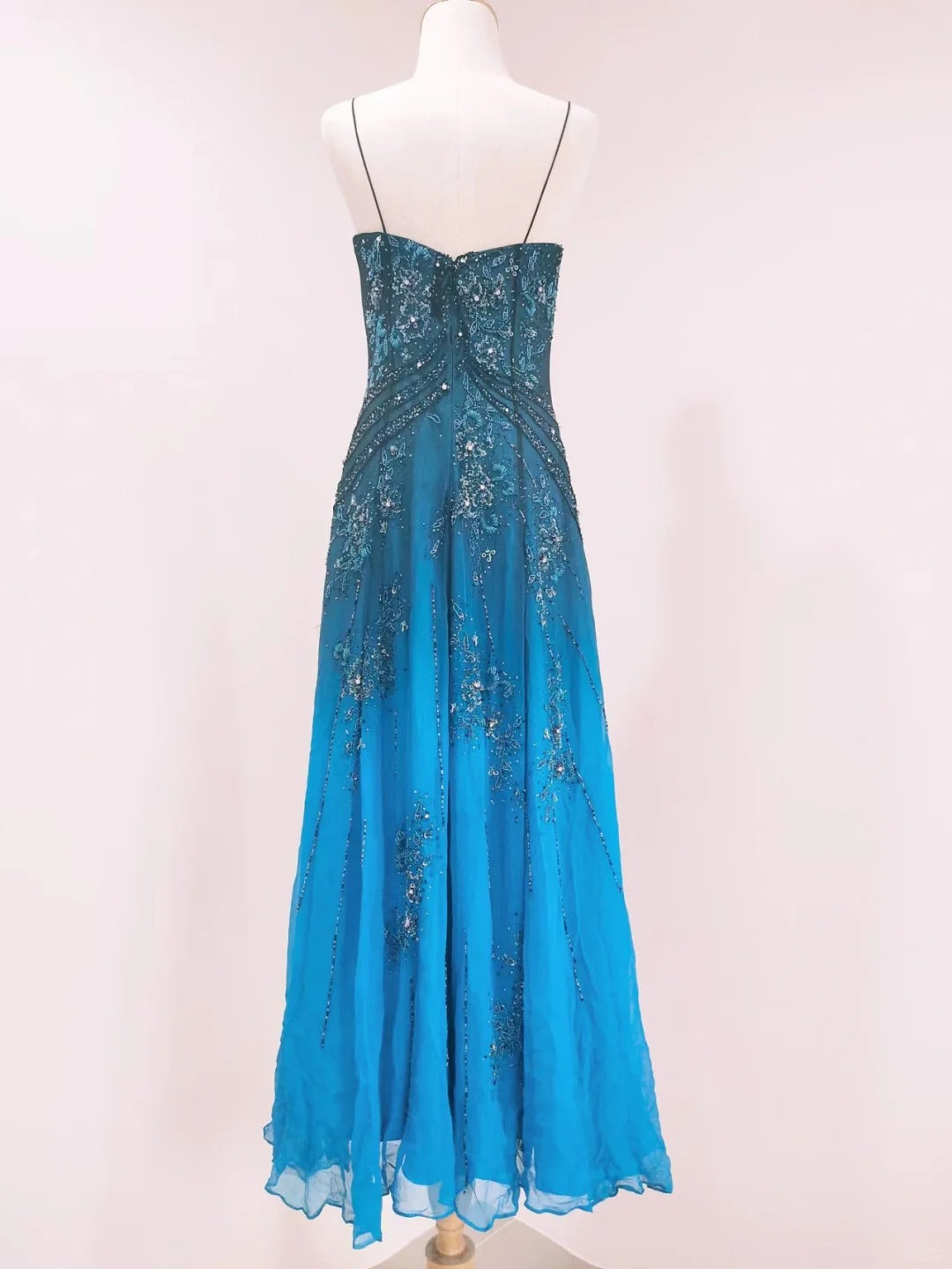 Vintage Blue A-Line Thin Strap Beaded Chiffon Long Prom Dresses Evening Dresses