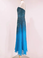 Vintage Blue A-Line Thin Strap Beaded Chiffon Long Prom Dresses Evening Dresses