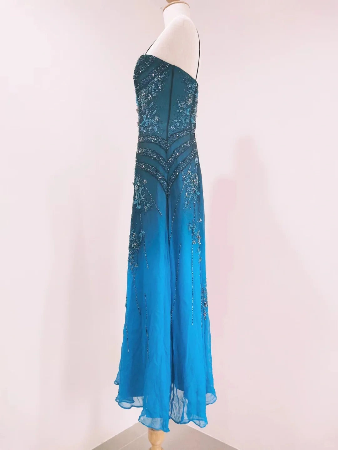 Vintage Blue A-Line Thin Strap Beaded Chiffon Long Prom Dresses Evening Dresses