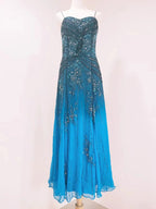 Vintage Blue A-Line Thin Strap Beaded Chiffon Long Prom Dresses Evening Dresses