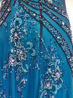Vintage Blue A-Line Thin Strap Beaded Chiffon Long Prom Dresses Evening Dresses