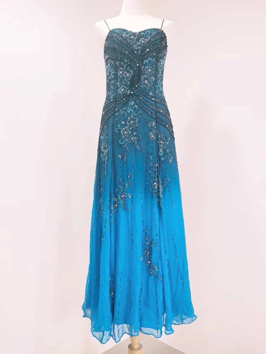 Vintage Blue A-Line Thin Strap Beaded Chiffon Long Prom Dresses Evening Dresses