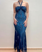 Vintage Blue Chiffon Long Prom Dress Elegant Beaded Prom Dresses