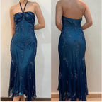 Vintage Blue Chiffon Long Prom Dress Elegant Beaded Prom Dresses