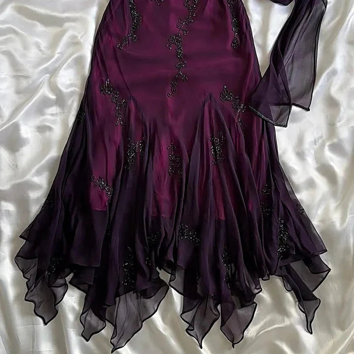 Vintage Blue Chiffon Long Prom Dress Elegant Beaded Prom Dresses