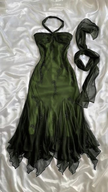Vintage Blue Chiffon Long Prom Dress Elegant Beaded Prom Dresses
