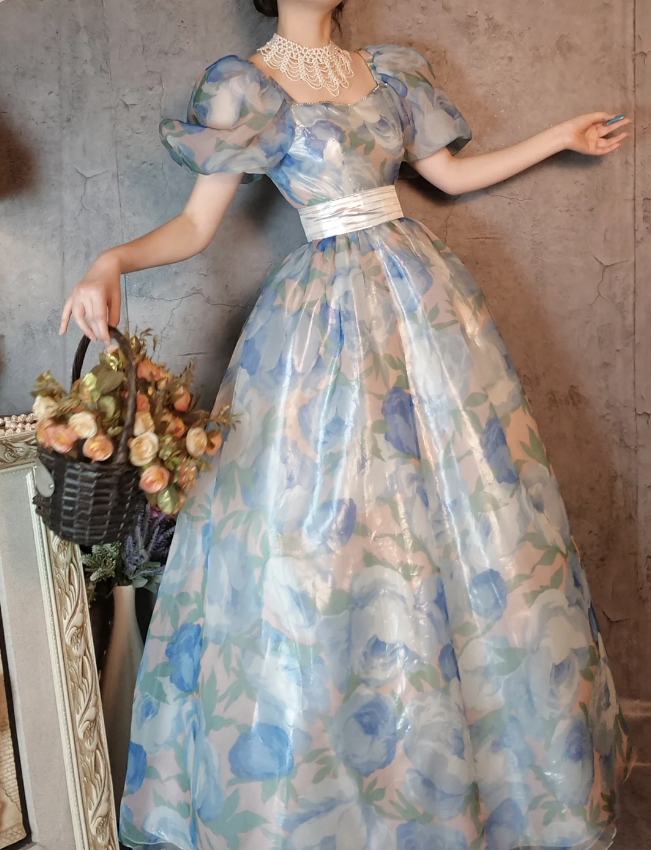 Vintage Blue Floral A-Line Square Neck Puff Sleeve Glossy Organza Long Prom Dresses Evening Dresses Secondary image