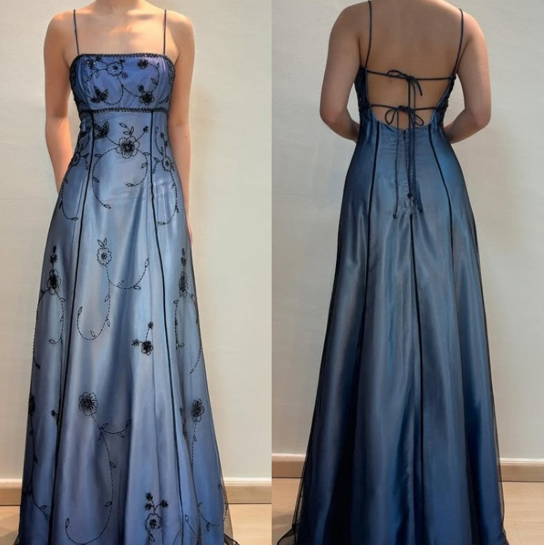Vintage Blue Gradient Empire Prom Dress Backless Romantic Beaded Prom Dress Guest Dresses Secondary image