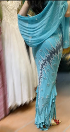 Vintage Blue Mermaid Halter-Neck Ruffled Beaded Chiffon Long Prom Dresses Evening Dresses