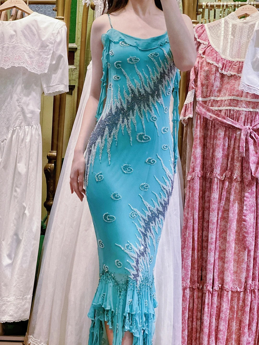 Vintage Blue Mermaid Halter-Neck Ruffled Beaded Chiffon Long Prom Dresses Evening Dresses Main image