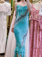 Vintage Blue Mermaid Halter-Neck Ruffled Beaded Chiffon Long Prom Dresses Evening Dresses