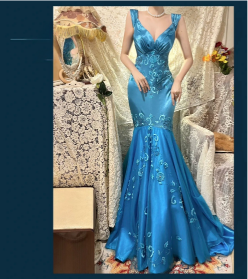 Vintage Blue Satin Beaded Embroidery V-Neck Mermaid Prom Dress