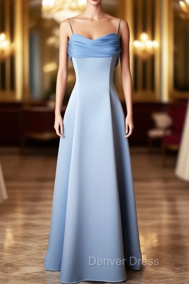 Vintage Blue Satin Spaghetti Straps Gowns Elegant Dresses