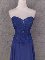 Vintage Blue Sweetheart Neck Embroidered Chiffon Long Prom Dresses Evening Dresses